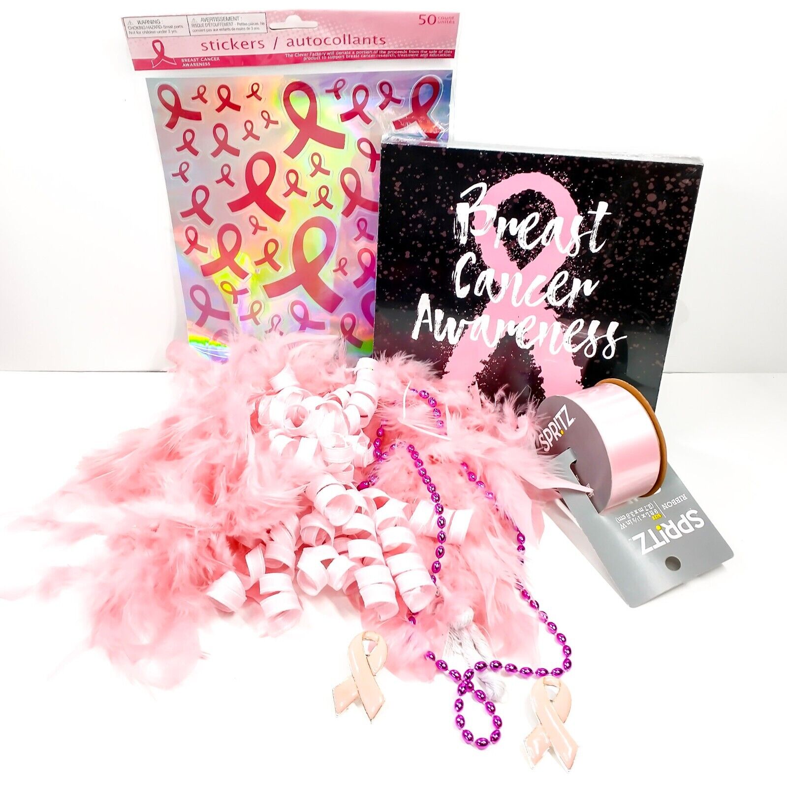Breast Cancer Awareness Lot/bundle~sign, Stickers, Pins, Ribbon, Feathers, Beads